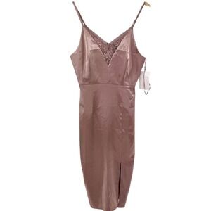 Little Mistress Mauve Pink Satin Lace Trim V-Neck Midi Dress Size US 6 Tall NWT
